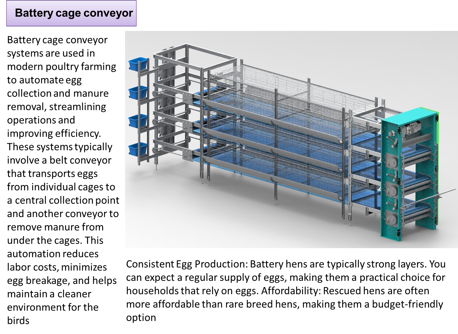 Poultry Battery cages with waste conveyor developed by Nova-Tech Design & Automation in Pune.
